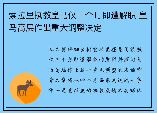 索拉里执教皇马仅三个月即遭解职 皇马高层作出重大调整决定